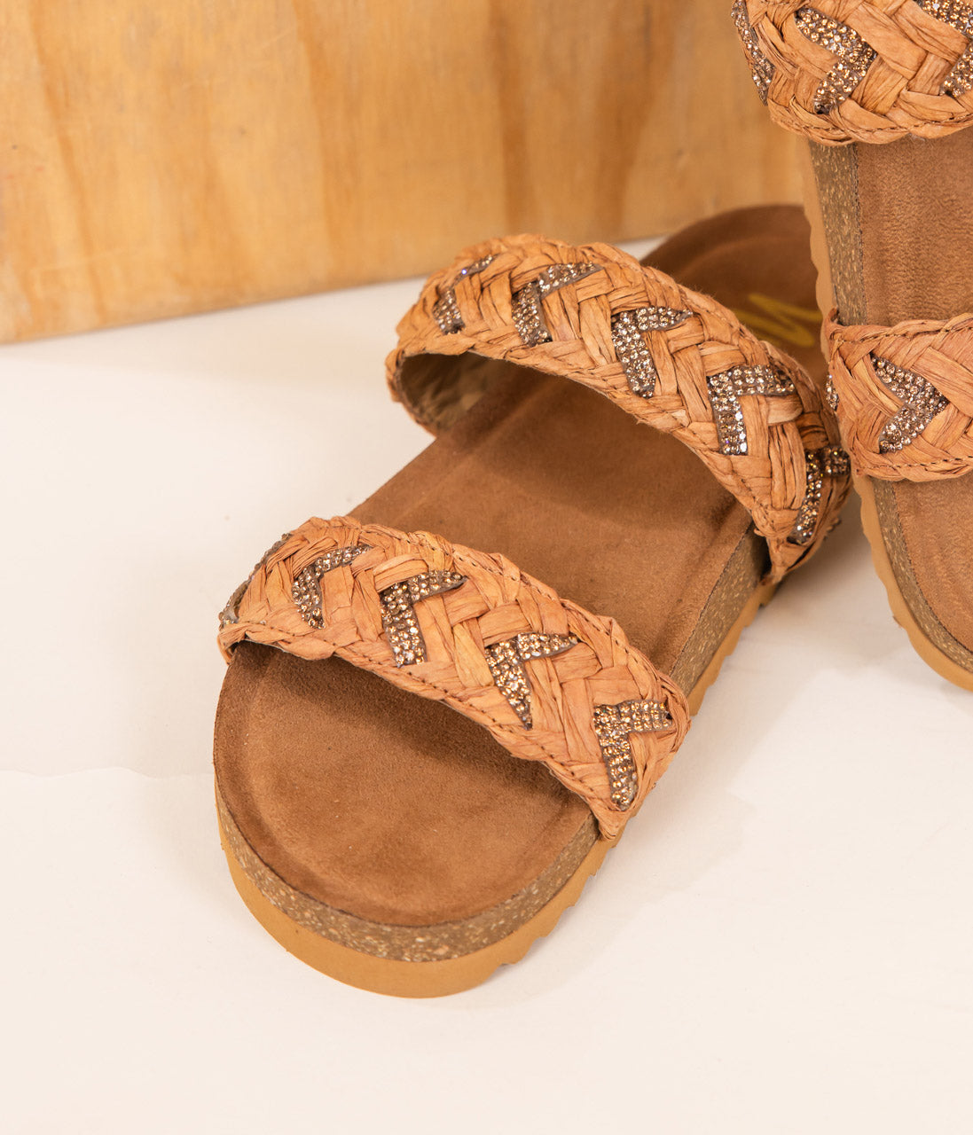 Fia Sandal Tan Leather Footbed Rhinestone Raffia Straps Naughty Monkey